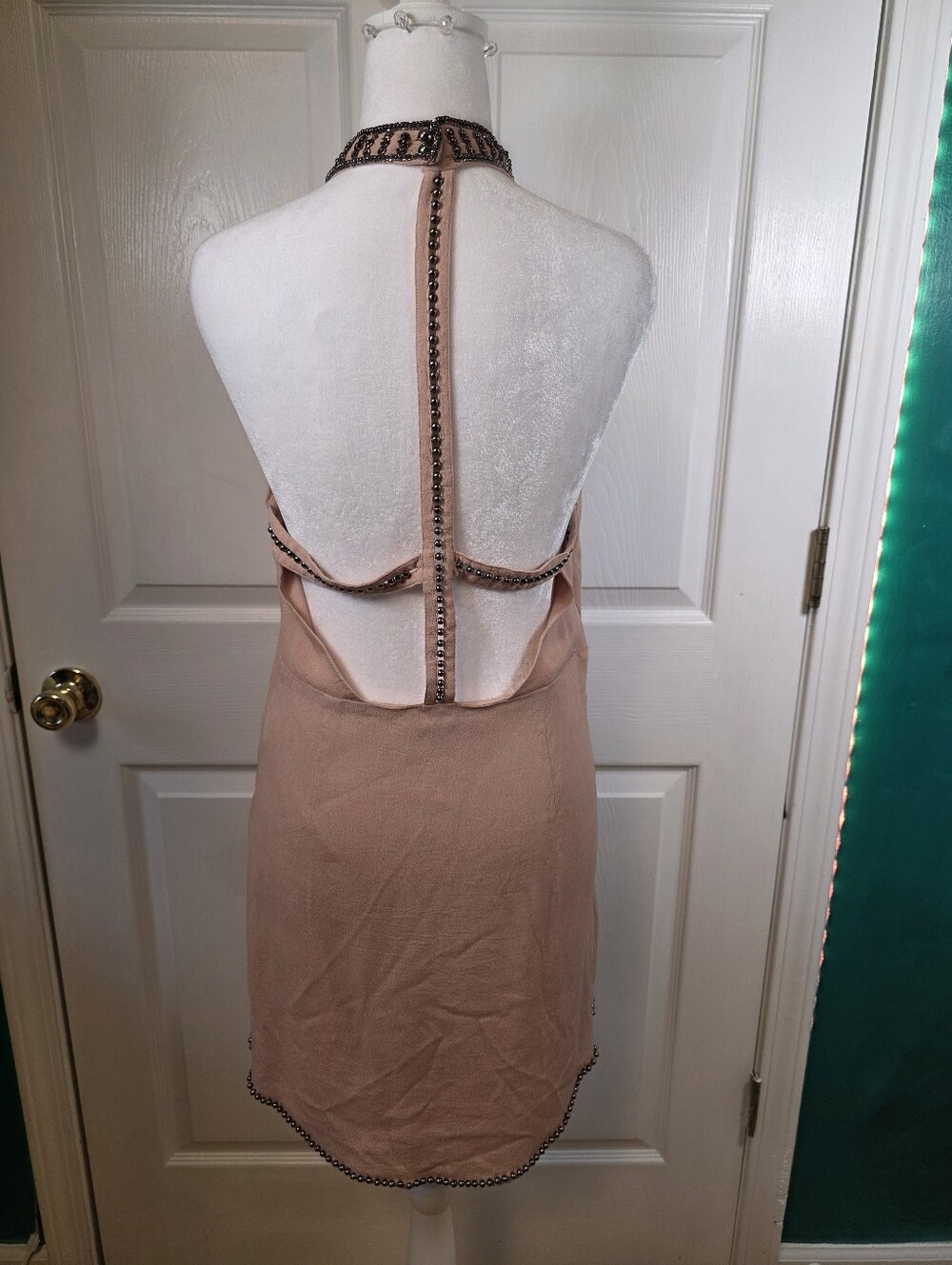 NBD Lourdes Halter Mini Dress Beaded Open Back Misty Rose Small